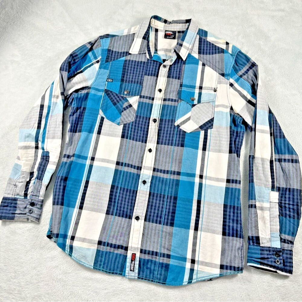 VTG Y2K No Fear Mens L Blue Black Plaid Long Sleeve Button Up Shirt 90s